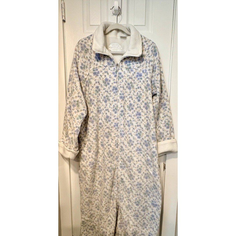 Vintage Laura Ashley Fleece Robe XL Blue Floral Full Zip Long Lounger Pockets